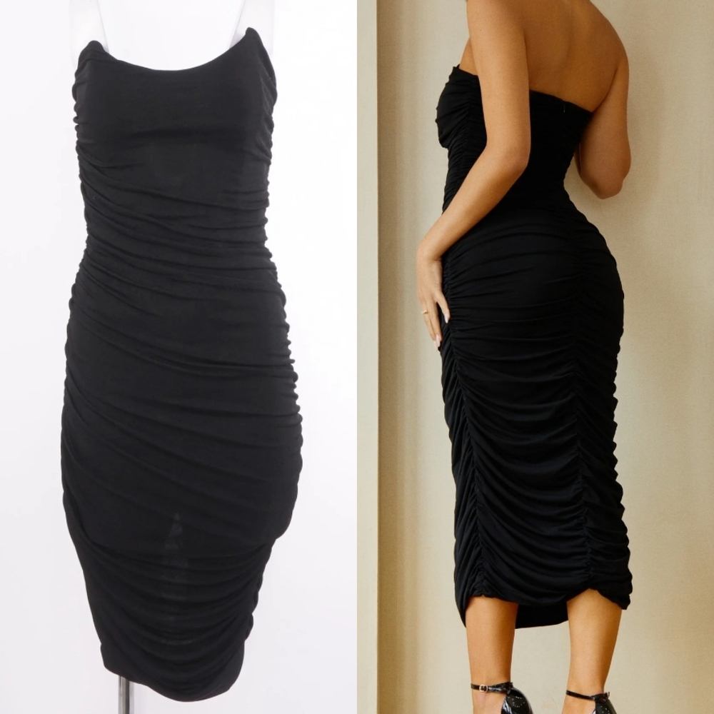 Miss lola black strapless ruched stretchy dressy cocktail dress